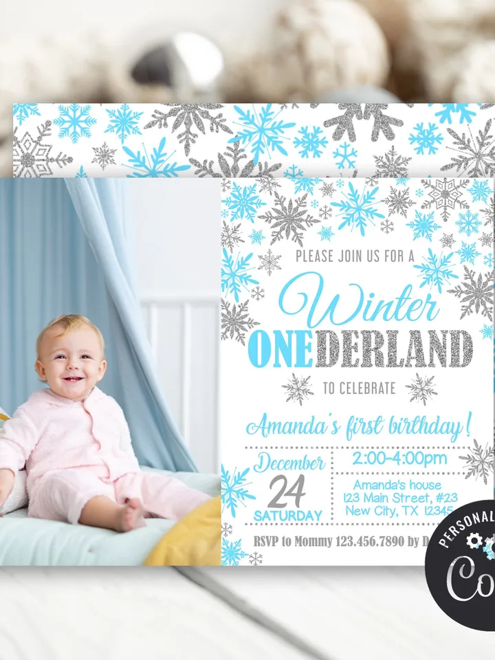Winter Onederland Invitation Girl 1st Birthday Invitation, Winter Wonderland Birthday Invitation, First Birthday Snowflake Editable Template