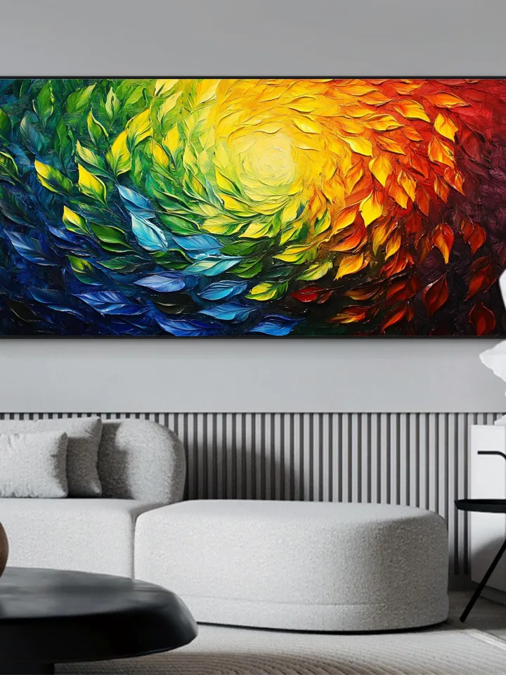 Abstract Rainbow Leaves Painting, Textured Impasto Art, Colorful Wall Art, 3D Canvas Art, Modern Art, Large Wall Decor, Living Room Decor