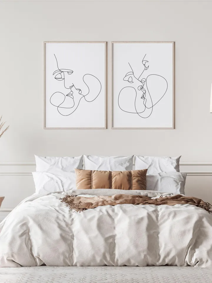 Kissing Couple Wall Art Set Of 2, Couple Line Art, One Line Art, Couple Line Drawing, Couple In Love,Bedroom Romantic ArtWork, Couple Sketch