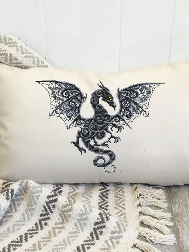 Dragon cross stitch pattern download PDF Fantasy animal cross stitch chart, Dragon embroidery PDF, Blackwork patterns, Gothic home decor #D8