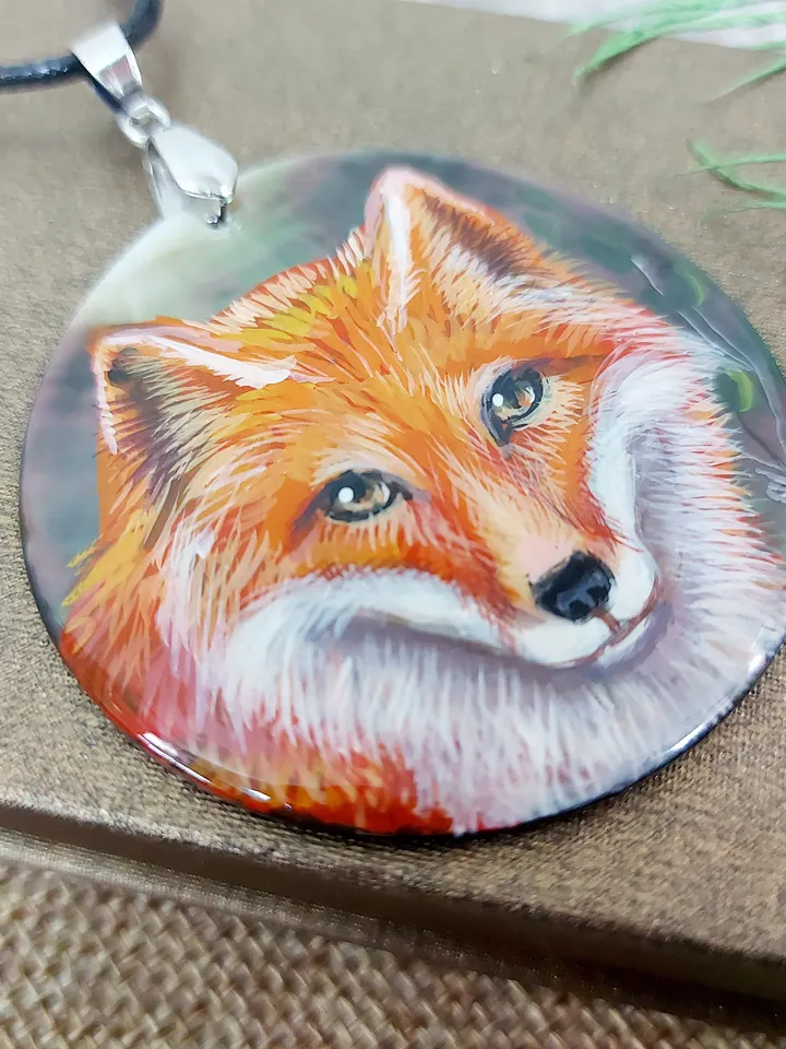 Pearl pendant necklace: Wild Fox face on handmade jewelry. Graceful nature hand painted on lacquer shell pendant. Gorgeous gift for women