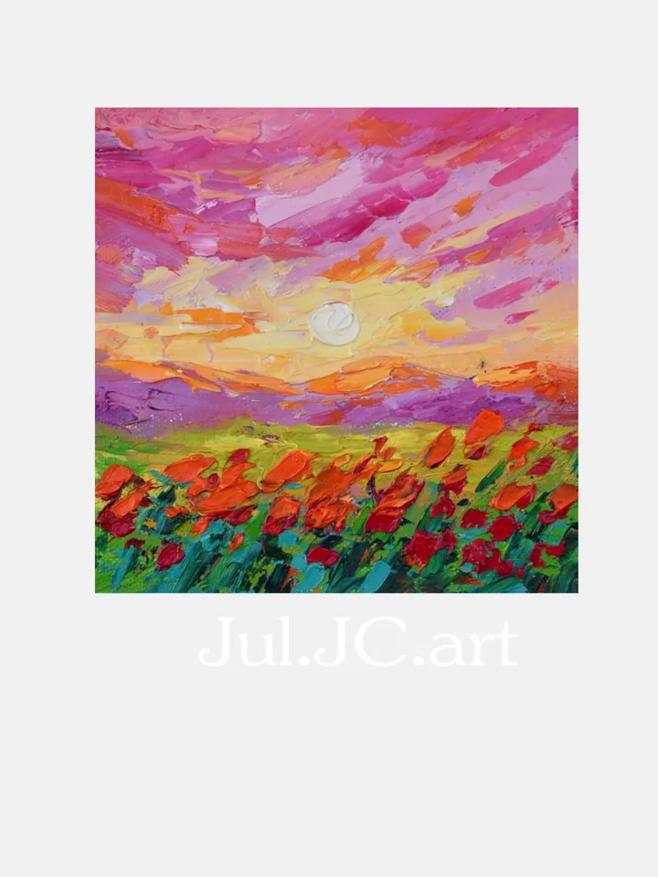 Tuscany art Sunset painting Poppy original art landscape artwork 6 by 6 in Mountain small art by Juliya JC