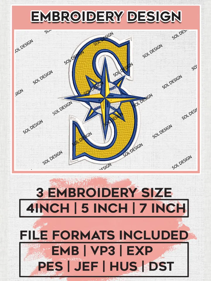 Seattle Mariners Logo Machine Embroidery Design Files, MLB Seattle Mariners Team Embroidery, MLB Teams, 3 sizes, MLB Machine embroidery designs, Digital Download