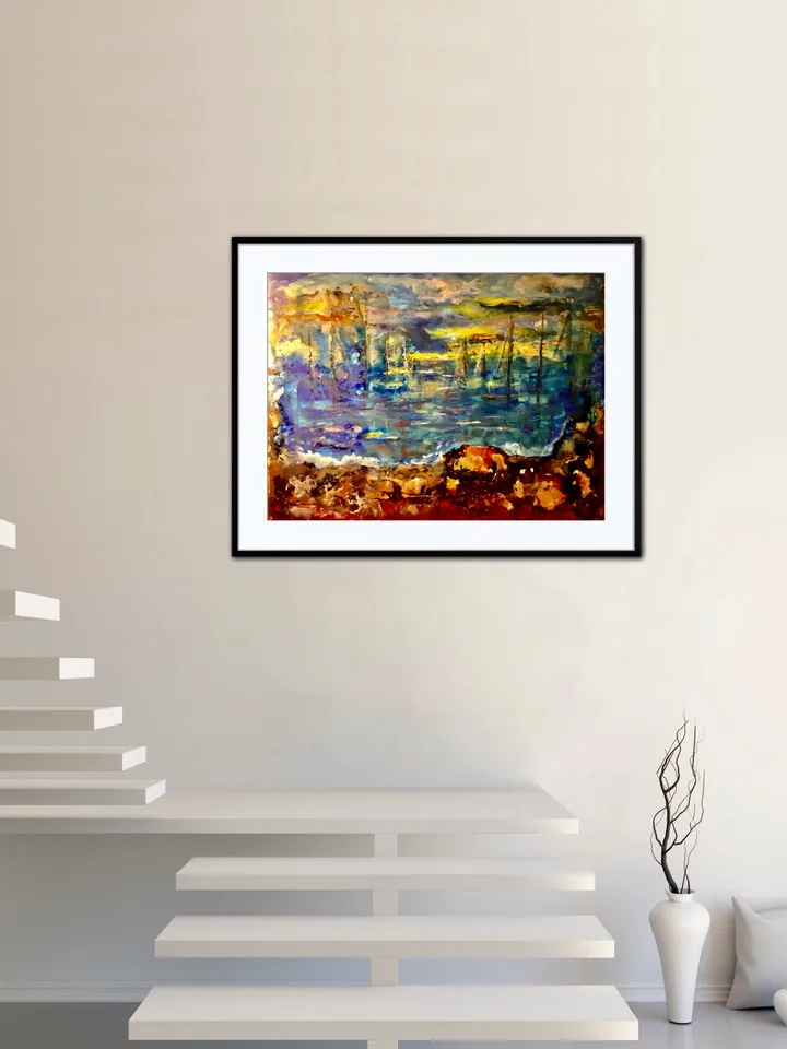 Sunset mirage,mix media painting on yupo paper,fantasy sea boats abstract painting,gift,home decoration,wall hanging