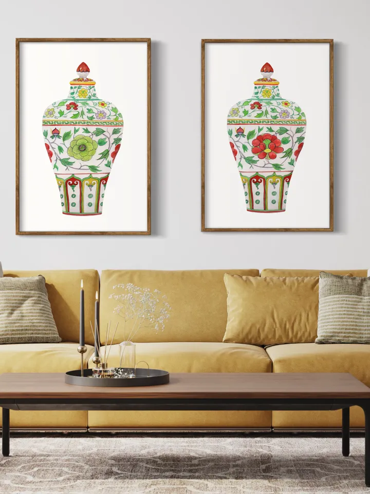 Green Set Of 2 Ginger Jars,Asian Vase Print, Chinoiserie Vase Wall Art Print ,Chinoiserie Set, Home Decor, Gift Idea For Living Room