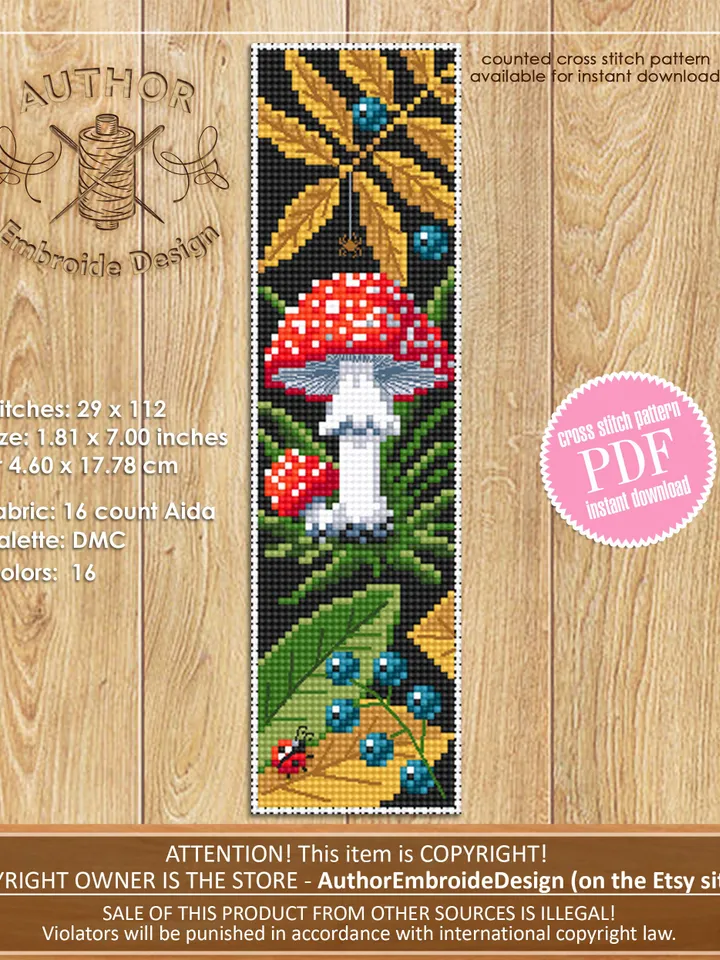 Mushroom bookmark cross stitch pattern PDF download Amanita mushroom cross stitch chart, Digital bookmark pattern PDF, Fall embroidery #B163
