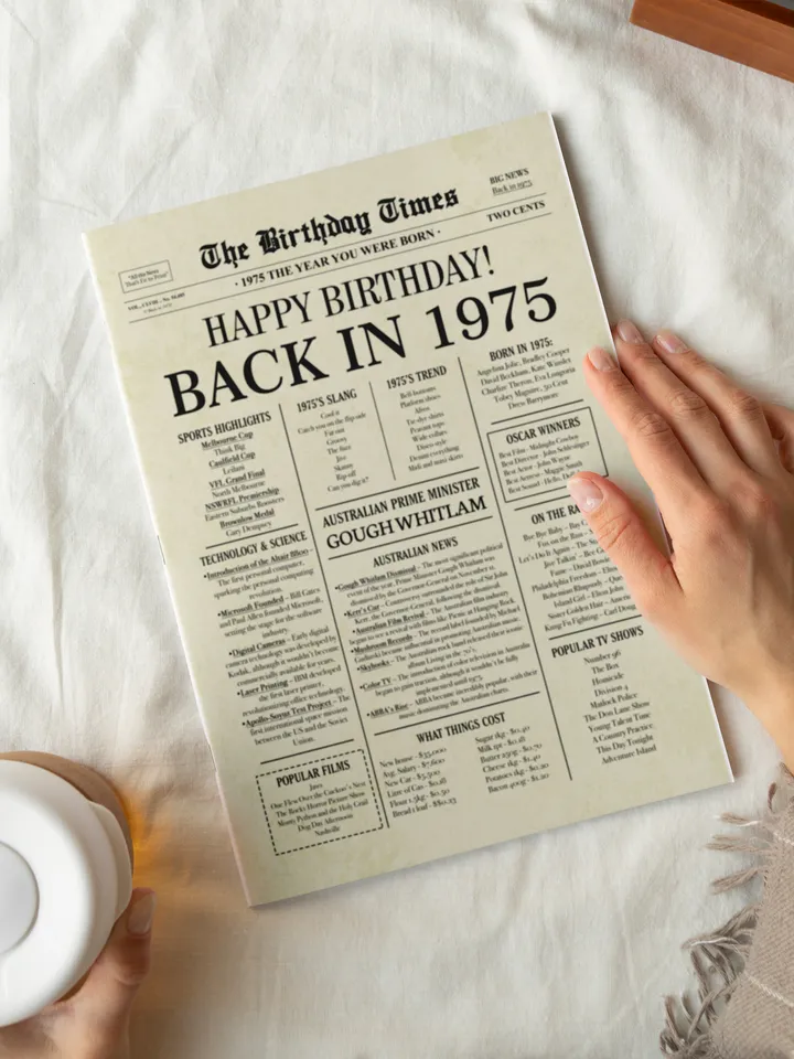 1975 AUSTRALIA, 50th birthday newspaper print Australian, 1975 birthday poster INSTANT DOWNLOAD, 50 years ago back in 1975 print for Aussie