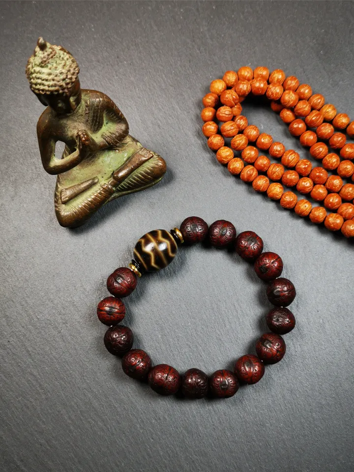 Gandhanra Unique Tibetan Dalo Dzi Bead Bracelet(30 Years Old), Fortune Wave Dzi with Old Bodhi Beads,Fit for 15-19cm Wrist