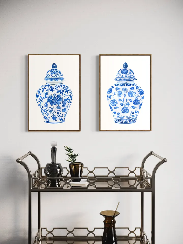 Chinoiserie Wall Art/ Set Of Two Prints/Chinoiserie Chic/ blue and white/ Chinoiserie Decor/ botanical/ Ginger jar/ blue floral/Wall Art Set