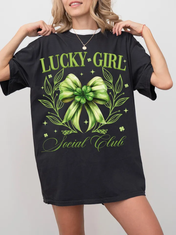 Lucky Girl Social Club Png St. Patrick’s Day Bow png, St Patricks Coquette PNG, Green Coquette PNG, 4 leaf clover png, St Patrick's Day png