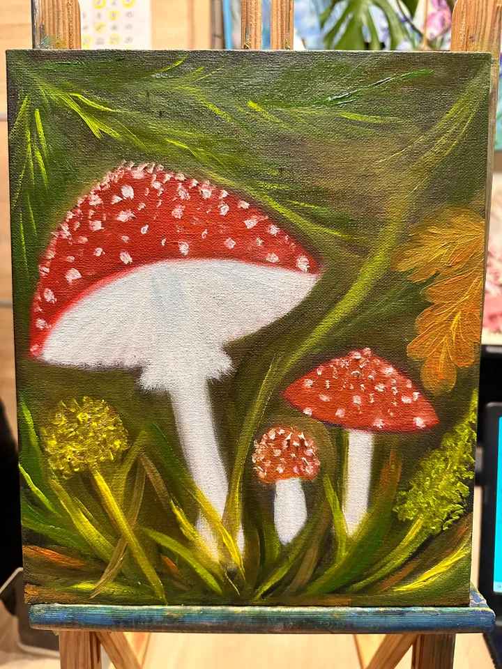 Oil Painting Fly Agaric Mushrooms Mushroom Art Forest Landscape Nature Stretched Canvas 12x10 inches 30x25 cm Wall Decor New Unframed
