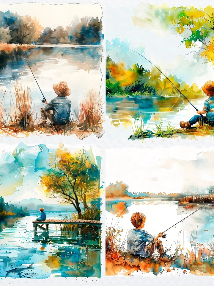 20 PNG Kid Fishing Clipart Bundle, Little Boy Fishing, Watercolor clipart for sublimation , Digital download, Paper craft, Junk Journal