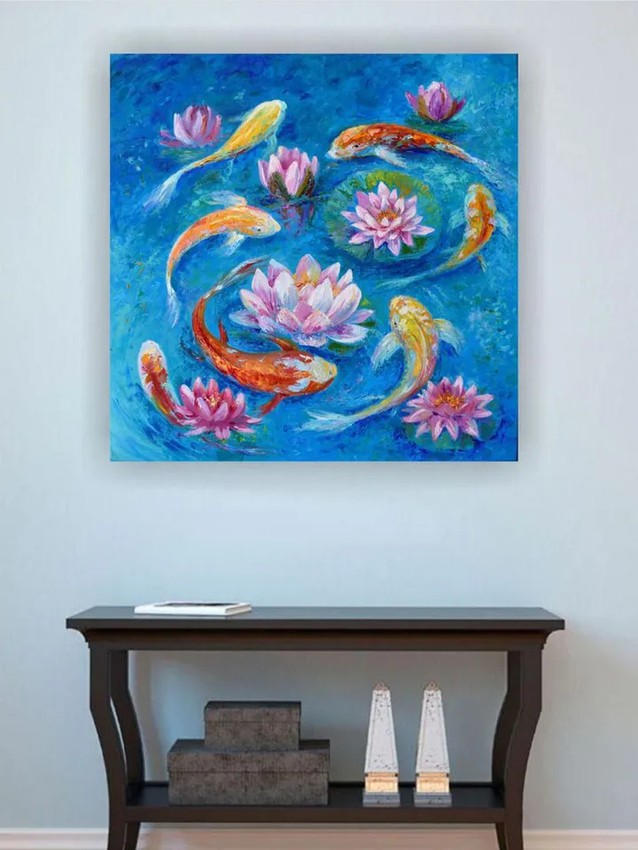 Koi Painting Original Art Fishes in the pond artwork 24 by 24 inch Water lilies art Koi fish Lotus oil painting
