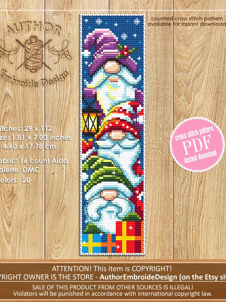 Gnome bookmark cross stitch pattern download PDF Christmas gnome cross stitch chart, Funny handmade bookmark digital PDF Gnome pattern #B101