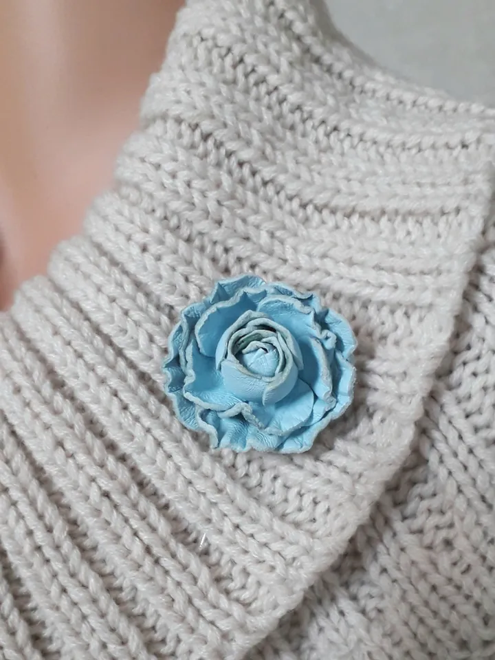 Blue rose men's lapel pin Leather boutonniere for him  for 3rd wedding anniversary gift, art 9