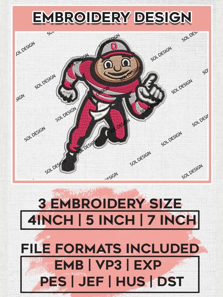 NCAA Ohio State Buckeyes Football Team Mascot Logo Embroidery Design Files, NCAA Ohio State Buckeyes Machine Embroidery, NCAA Teams, 3 sizes, NCAA Machine embroidery designs, Digital Download