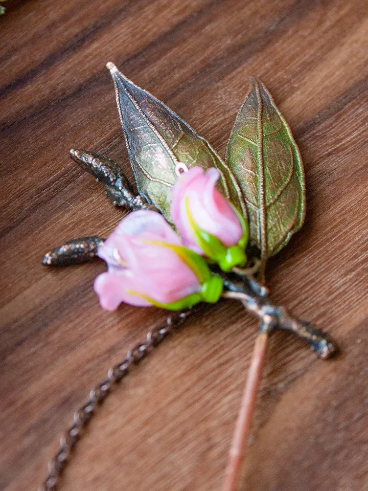 Rose Flower Hair Clip, Copper Flower Brooch, Glass Rose Hair Accessories, Natural Jewelry, Electroplating, Great Gift for Her