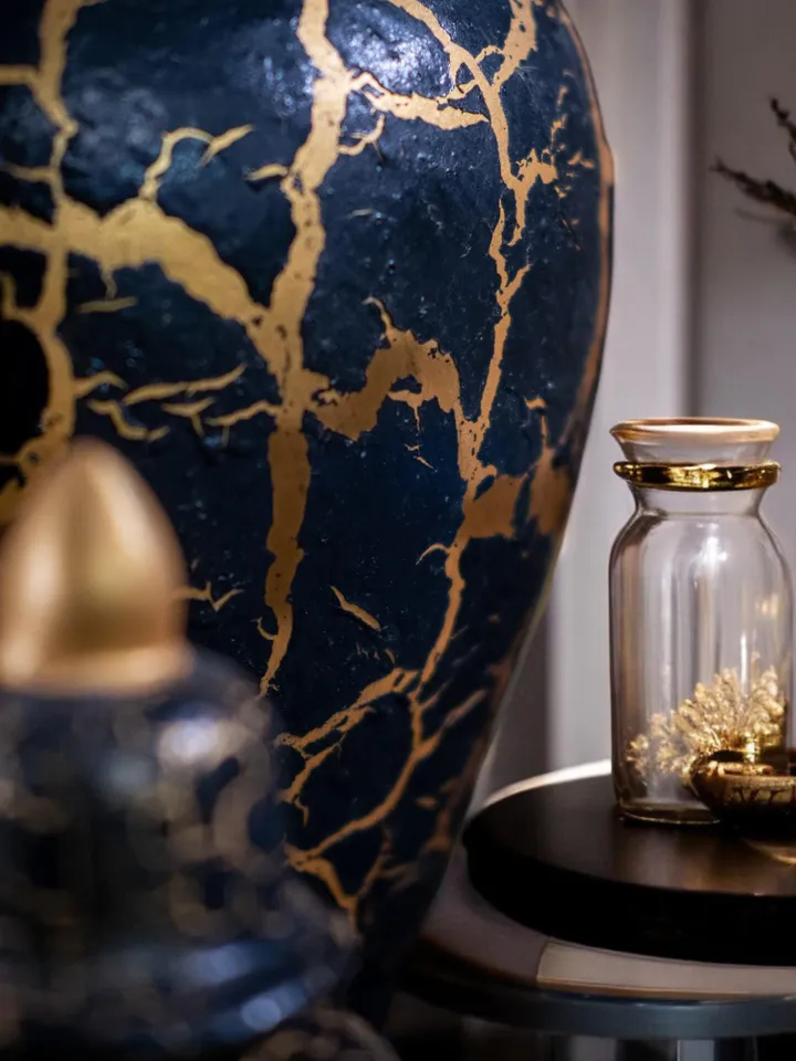 Set of 3 Black and Gold Jars with Crackle Finish – 3 Sizes, Decorative Jar Set in Black and Gold with Crackle Design