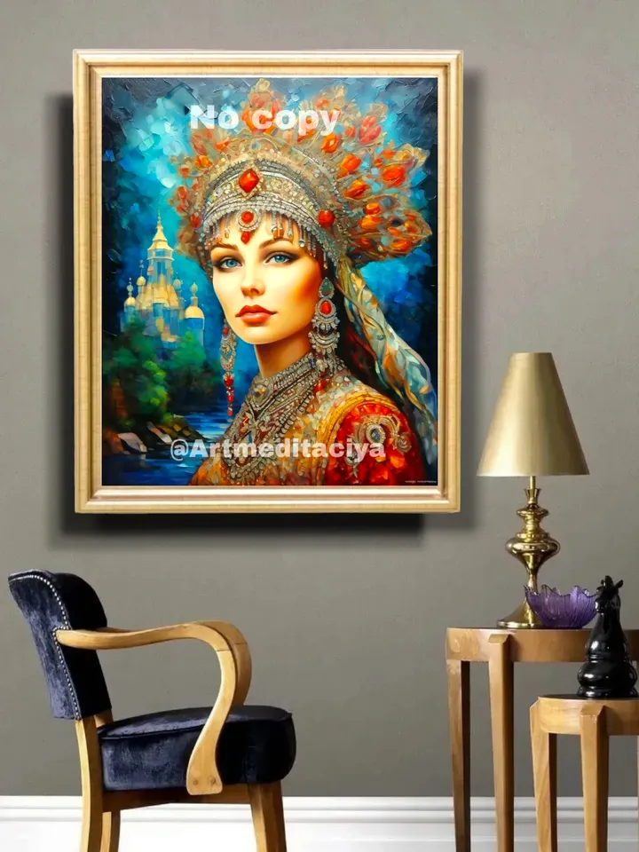 Digital abstract texture painting "Mysterious Russian Beauty" with blue eyes in a luxurious red-gray kokoshnik crown, red dress against the background of an abstract urban landscape in blue tones, made in the style of painting with a palette knife, oil
