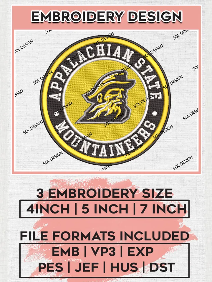 NCAA Appalachian State Mountaineers Round Logo Embroidery, NCAA Appalachian State Logo Embroidery files, NCAA Teams, Machine embroidery designs, Digital Download