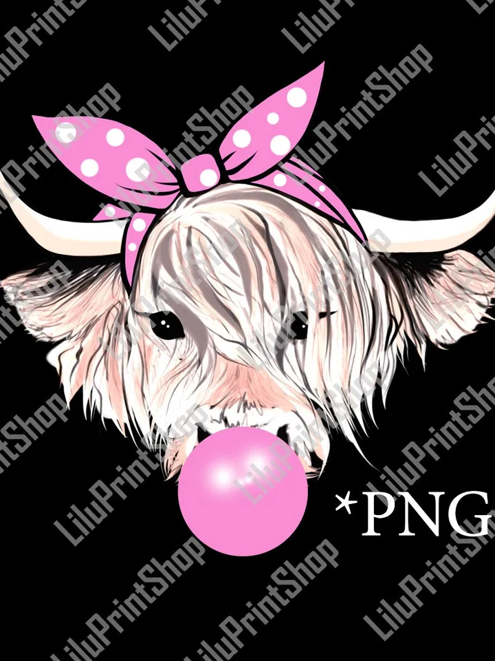 Blonde Highland cow png sublimation Cow with bubble gum and pink bandana Heifer PNG clipart digital Instant download