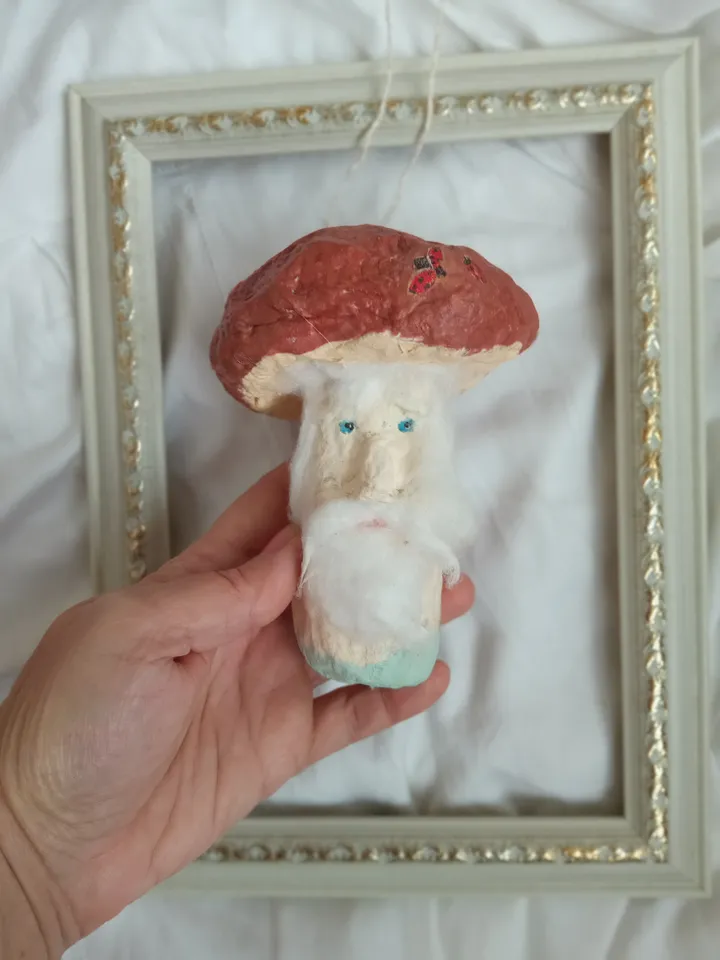 Fairy Tale Boletus Mushroom - Unique Handmade Christmas Ornament. Xmas toy. Home decor indoor Spun cotton tree toy.