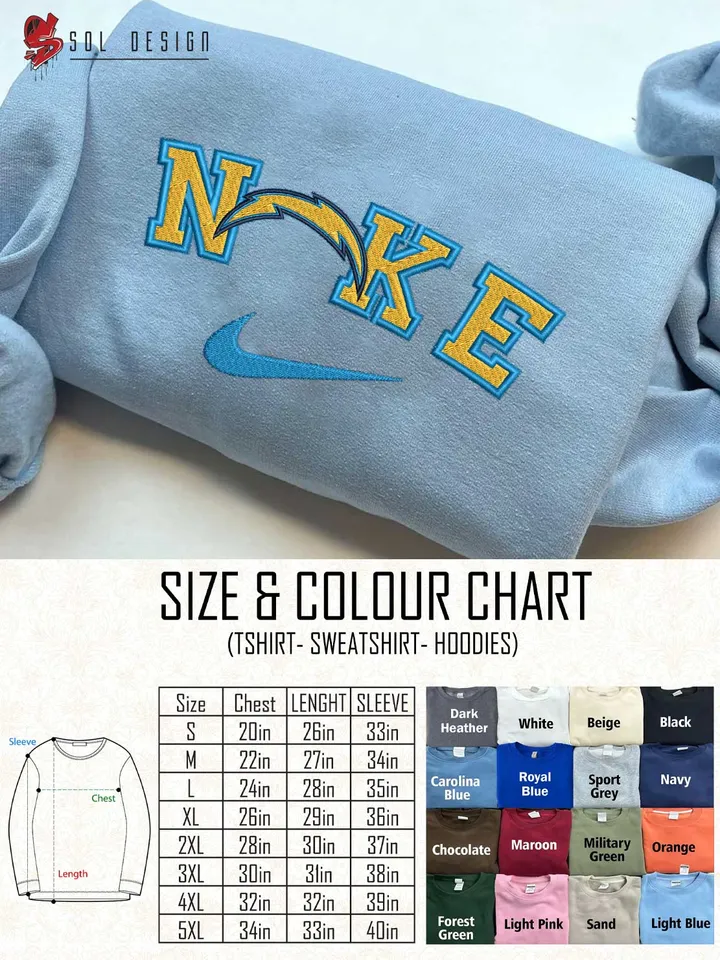 Ni.kee Los Angeles Chargers Embroidered Sweatshirt, NFL Chargers Embroidered T Shirt, NFL Team Embroidered Sweater, NFL Los Angeles Chargers Shirt, Football Embroidered Hoodie