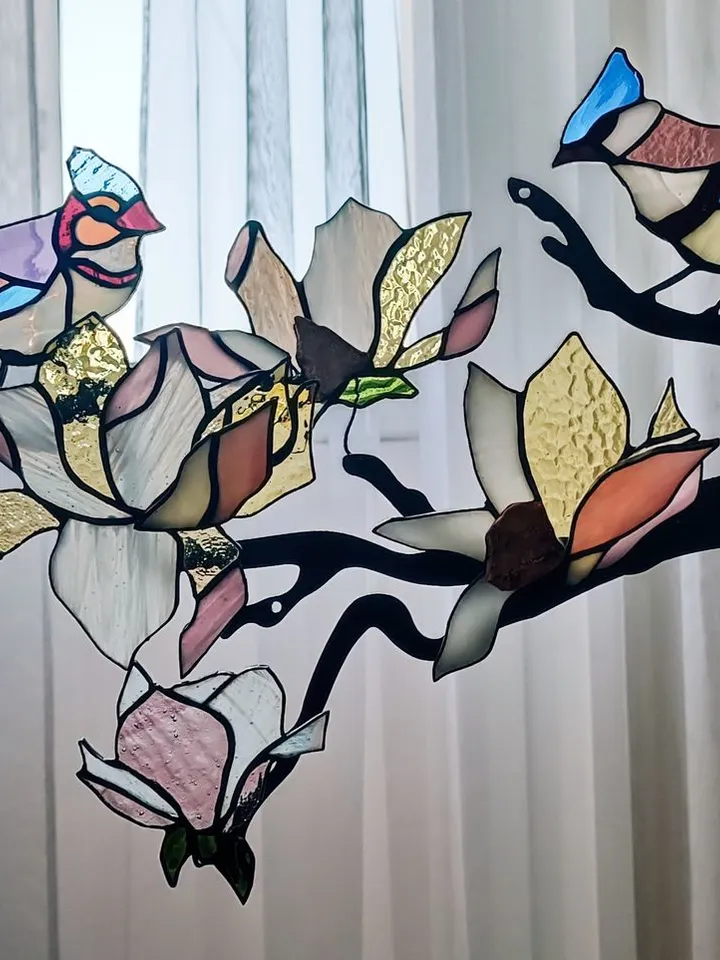 Jays on Magnolia Branch (Pink Large Flowers), Tiffany Stained Glass, Tiffany Glass Jay Birds on Magnolia Branch with Pink Blooms, Handcrafted Stained Glass Jays on Magnolia with Large Pink Flowers, Tiffany-Style Glass Art,Tiffany Stained Glass Composition