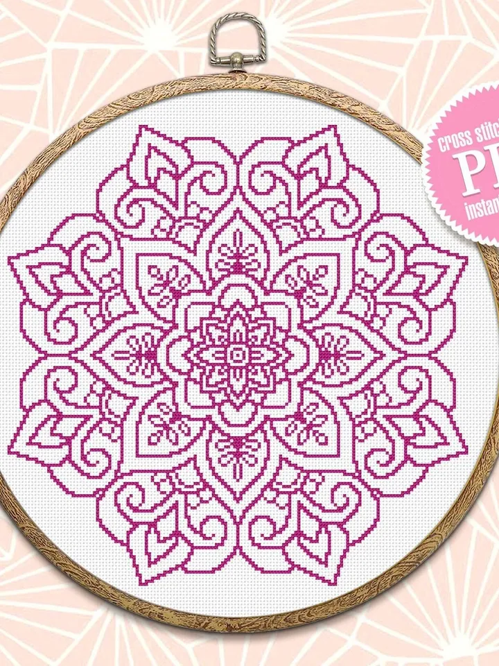 Mandala cross stitch pattern download PDF, Easy floral ornament cross stitch chart, Monochrome cross stitch, Mandala hand embroidery #M84
