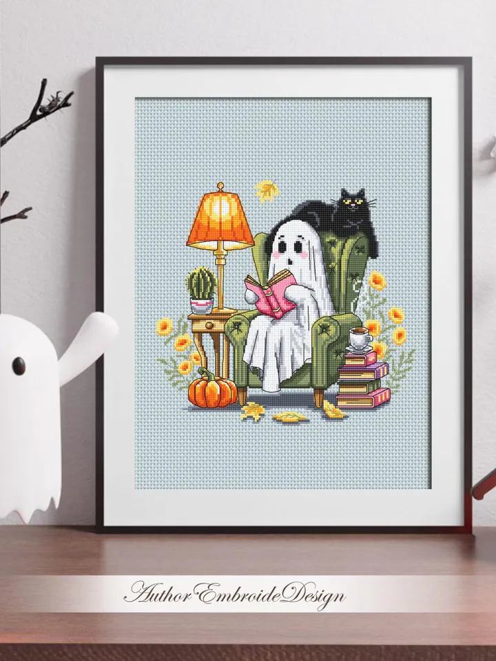 Cute ghost with black cat cross stitch pattern PDF download Set of 3 ghost cross stitch chart Halloween pattern digital PDF Fall leaves #H91