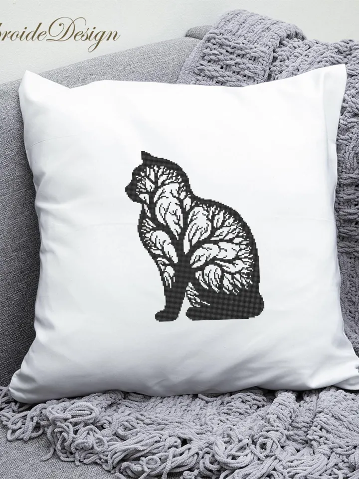 Cat tree silhouette cross stitch pattern PDF download Cat cross stitch chart, Simple pattern digital PDF for beginner, Tree of life cat #K55