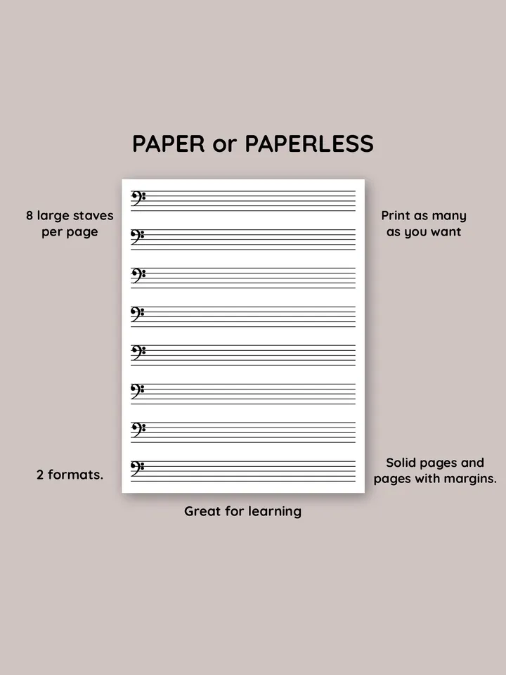 Kids printable sheet music. Sheet music with bass clef. Piano staff paper. Blank music paper. Learn piano.