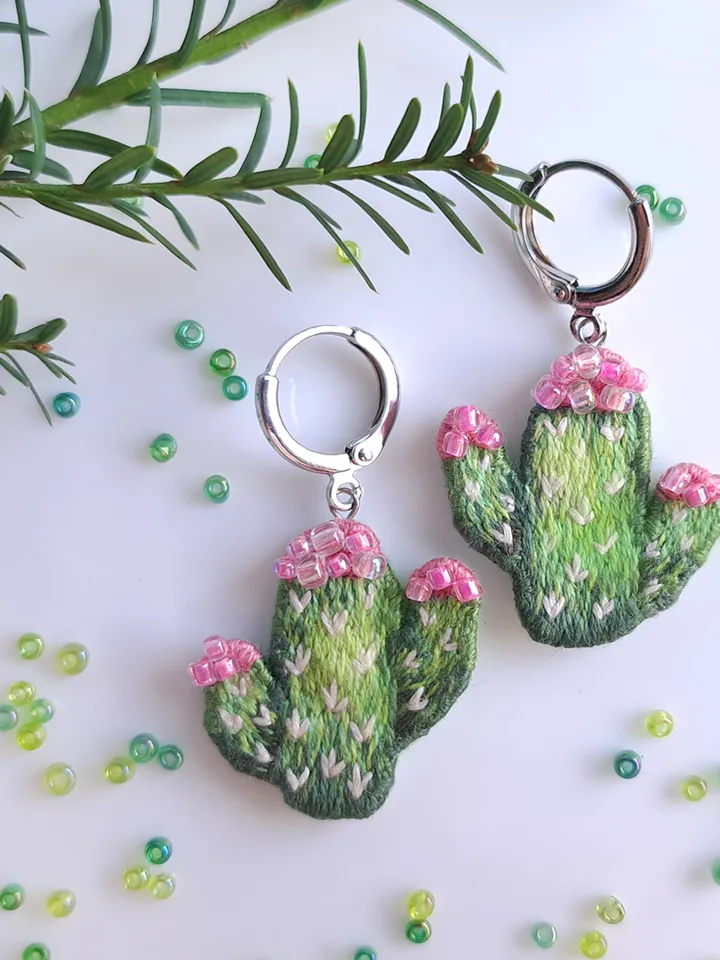 Embroidered Cactus Earrings, Handmade Unique Jewelry, Whimsical Handcrafted Gift, Quirky Jewelry Accessory, Original Gift for Her, Boho Design