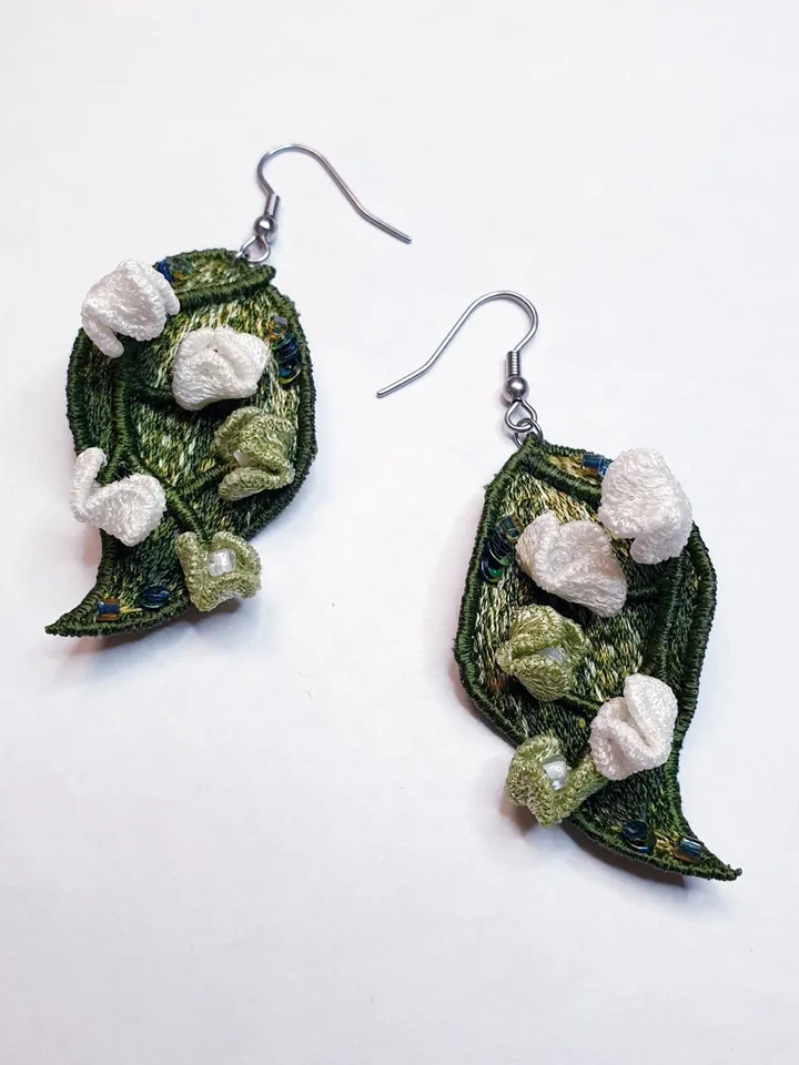 Lily of valley FSL machine embroidery design 3D flower for making earrings, brooches or other decoration