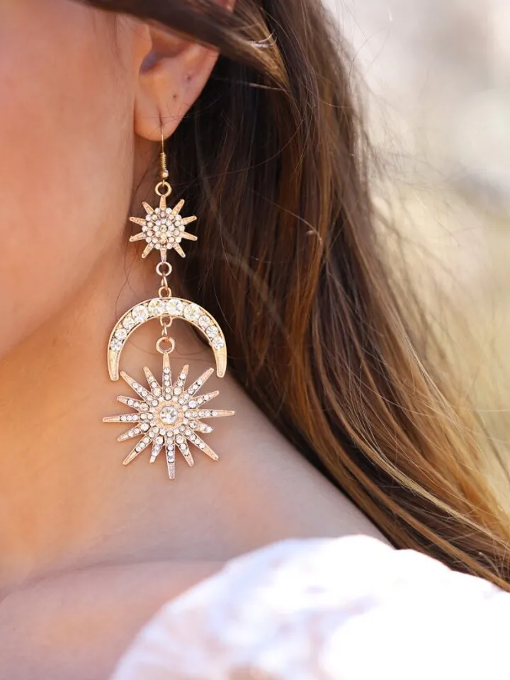 Extra Long Bohemian Bridal Earrings, Celestial Wedding Earrings, Sun Moon Star Earrings, Boho Wedding Jewelry, Statement Wedding Earrings