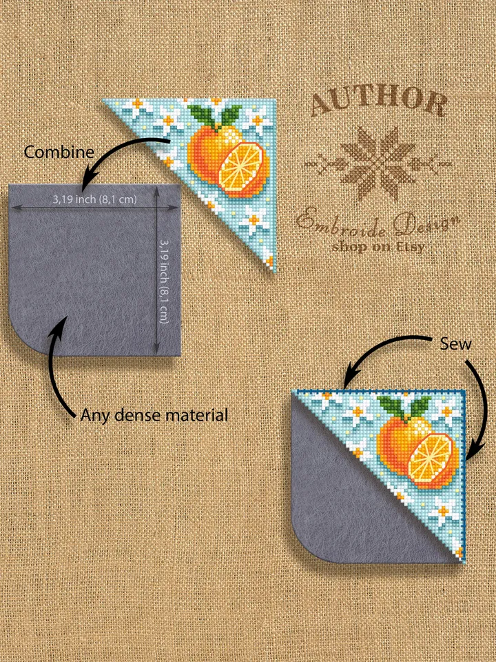 Corner bookmark cross stitch pattern PDF download Orange fruit cross stitch chart, Floral bookmark corner digital PDF, Book lover gift #B181