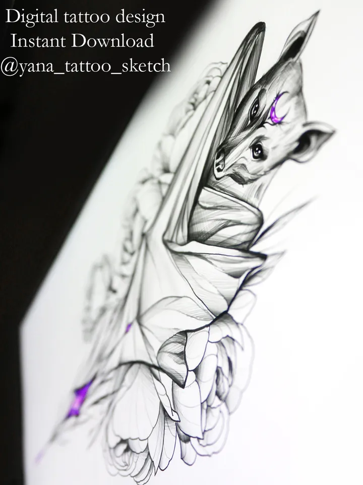 Bat Tattoo Design For Females Bat Tattoo Idea Stencil Flash, Instant download PDF, JPG, PNG