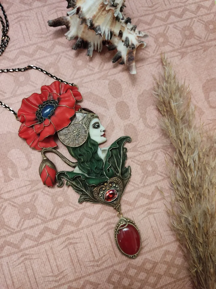 Red Poppy necklace, Art Nouveau Romantic Flower, Jewelry Nature Pendant, Poppy