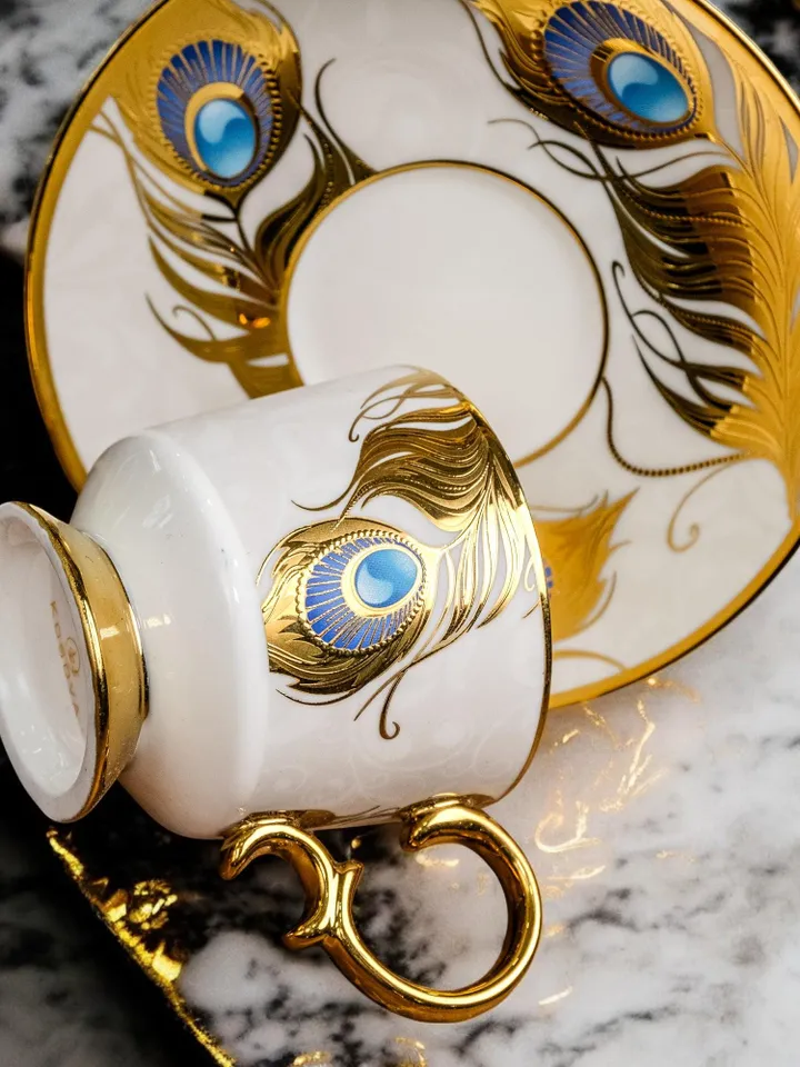 14K Gold Powder Peacock Porcelain Tea Cups And Saucers | Tea Cups Saucers Set | Gold Porcelain Set | Elegant Teaware | Gift For Tea Lovers