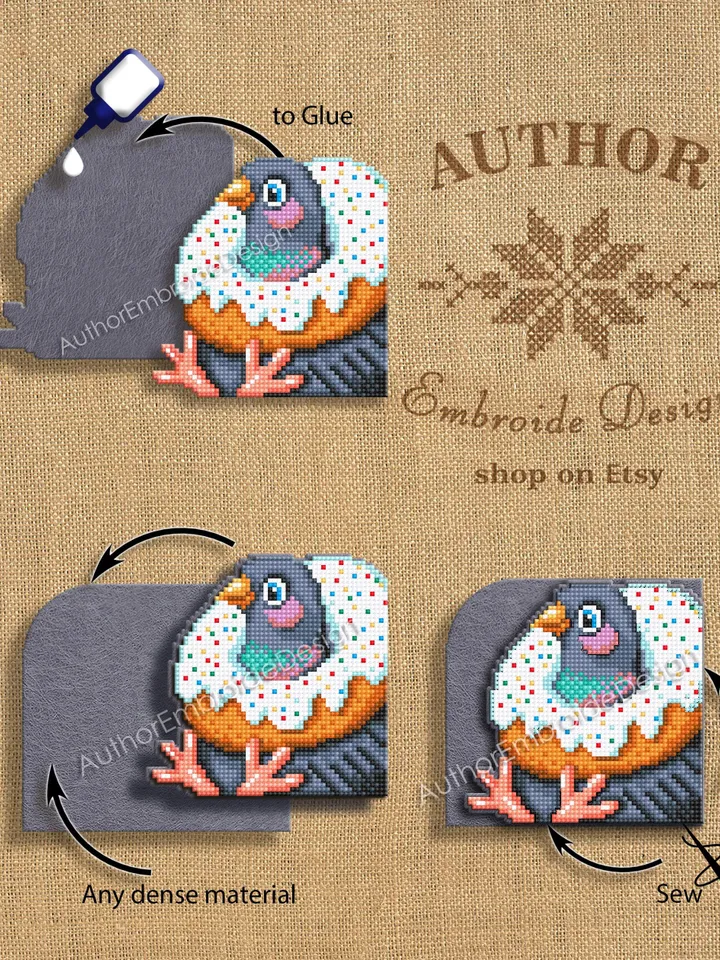 Pigeon Corner bookmark cross stitch pattern PDF download Funny pigeon with donut cross stitch chart, Bird bookmark digital pattern #B398