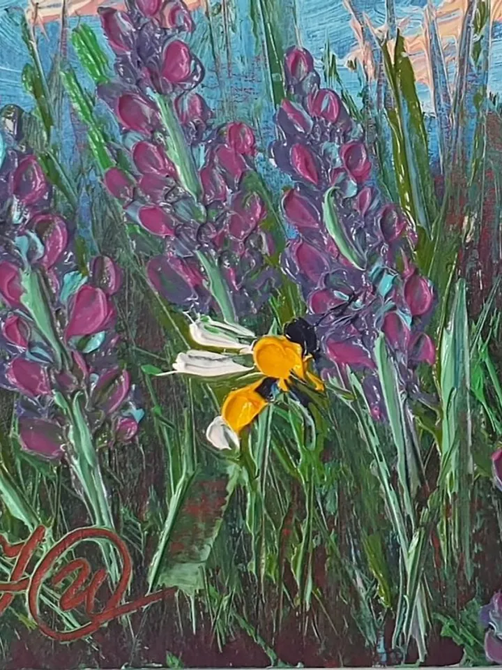 Lavender Fields Painting Bees Original Art Floral Wall Art Small Oil Painting