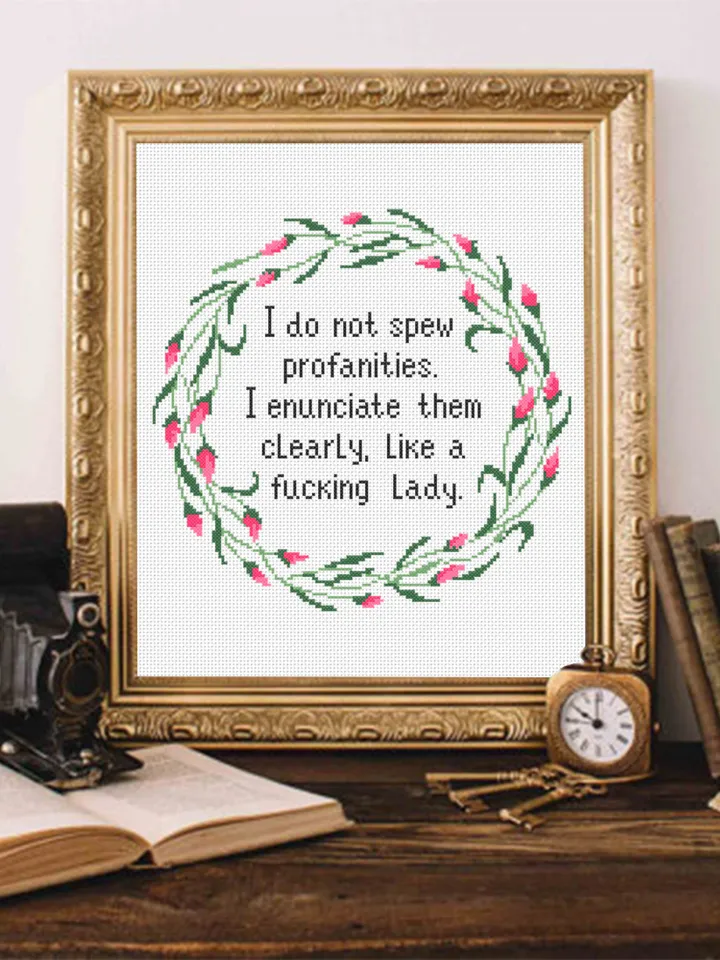 Framed quote cross stitch pattern Like a fucking lady Instant download PDF, Flower wreath cross stitch chart, Funny text cross stitch #Q37
