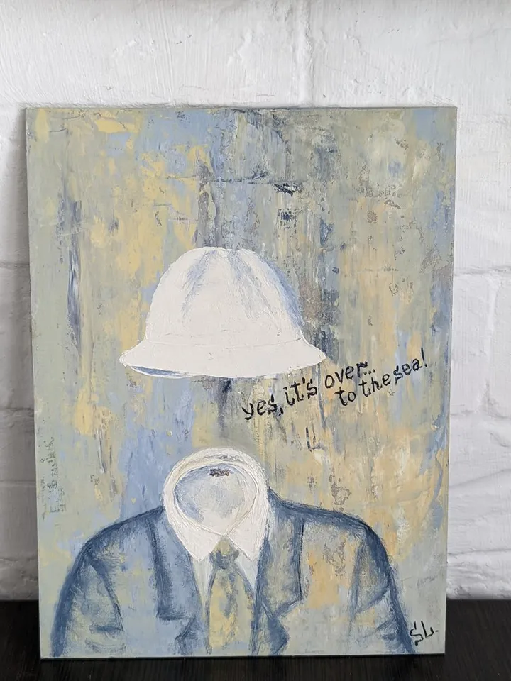Oil painting man original art men suit with hat invisible man wall art cardboard 10x7 inches