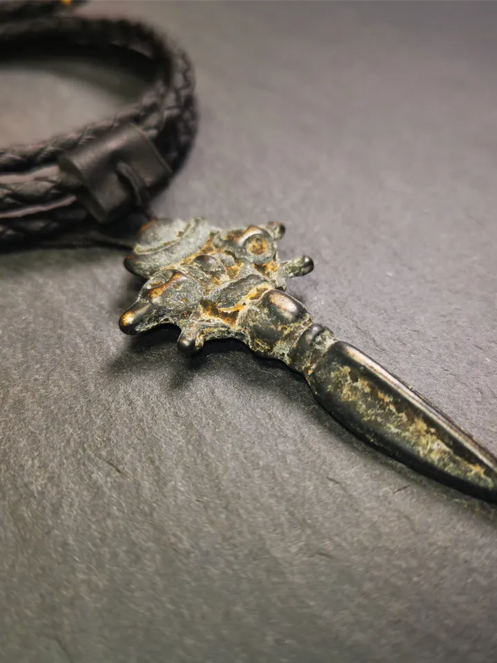 Gandhanra Antique Tibetan Amulet Necklace,Cross Vajra Phurba,Kila(Dorje Phurba) ,Made of Thokcha,70 Years Old,2.36"