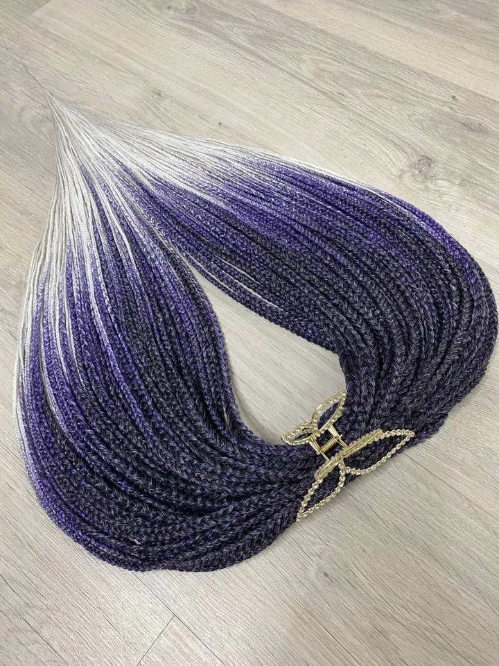 Purple braids hair extensions. Ombre synthetic Braids violet to white. DE braids full set.
