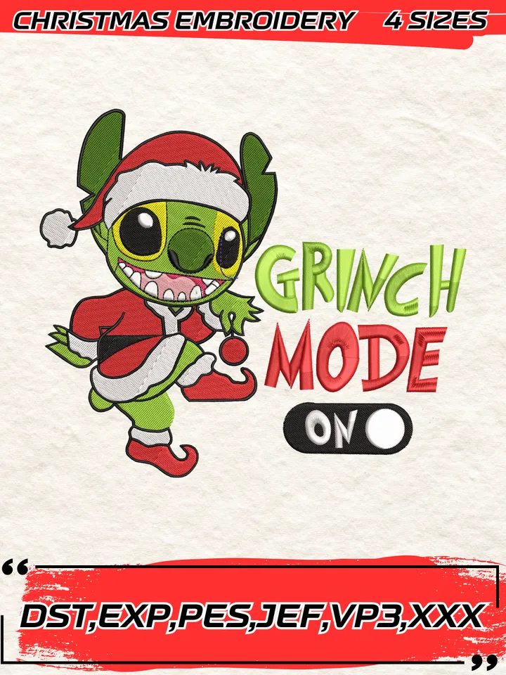 Stitch X Grinch Mode On Christmas Embroidery Design,Stitch Christmas Embroidery Design,Christmas Embroidery Design,4 Sizes,Digital Download