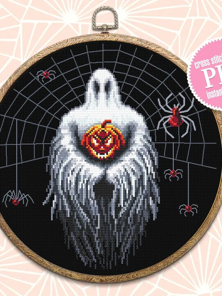 Gothic Halloween cross stitch pattern download PDF, Spooky ghost cross stitch chart, Halloween spider cross stitch, Scary halloween #H40