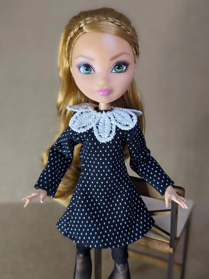 Handmade polka dot black mini dress for 10.5-inch female dolls (MH, EAH)
