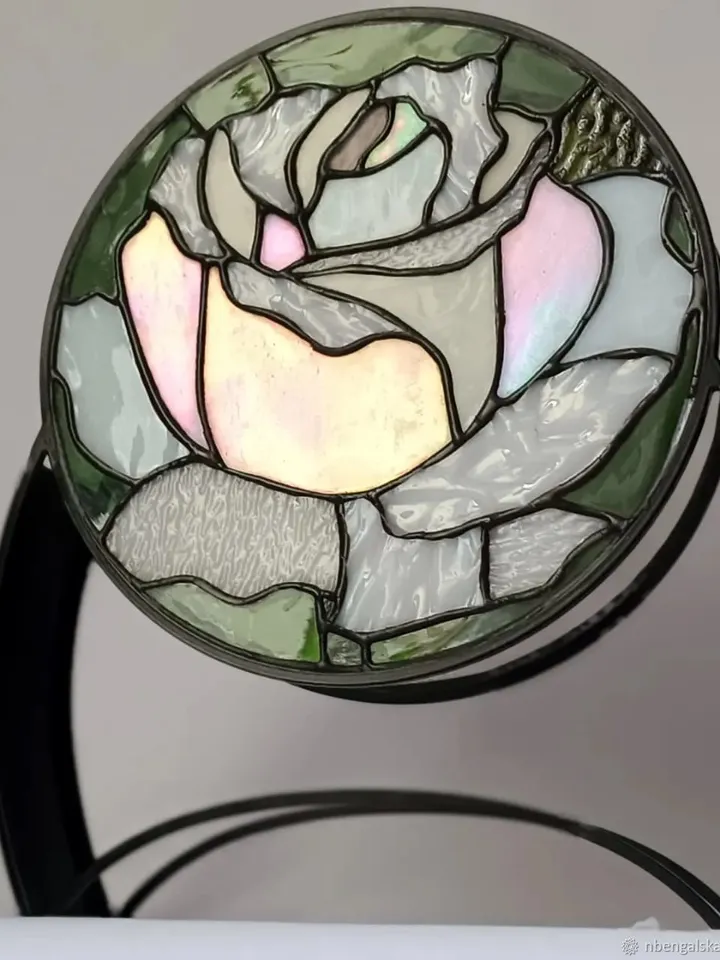 White Rose. Double Stained Glass in Tiffany Technique, Double Layered Stained Glass in Tiffany Technique, Double-Tiered Stained Glass in Tiffany Style, Two-Sided Stained Glass in Tiffany Method, Double-Paneled Stained Glass in Tiffany Technique, Dual-View