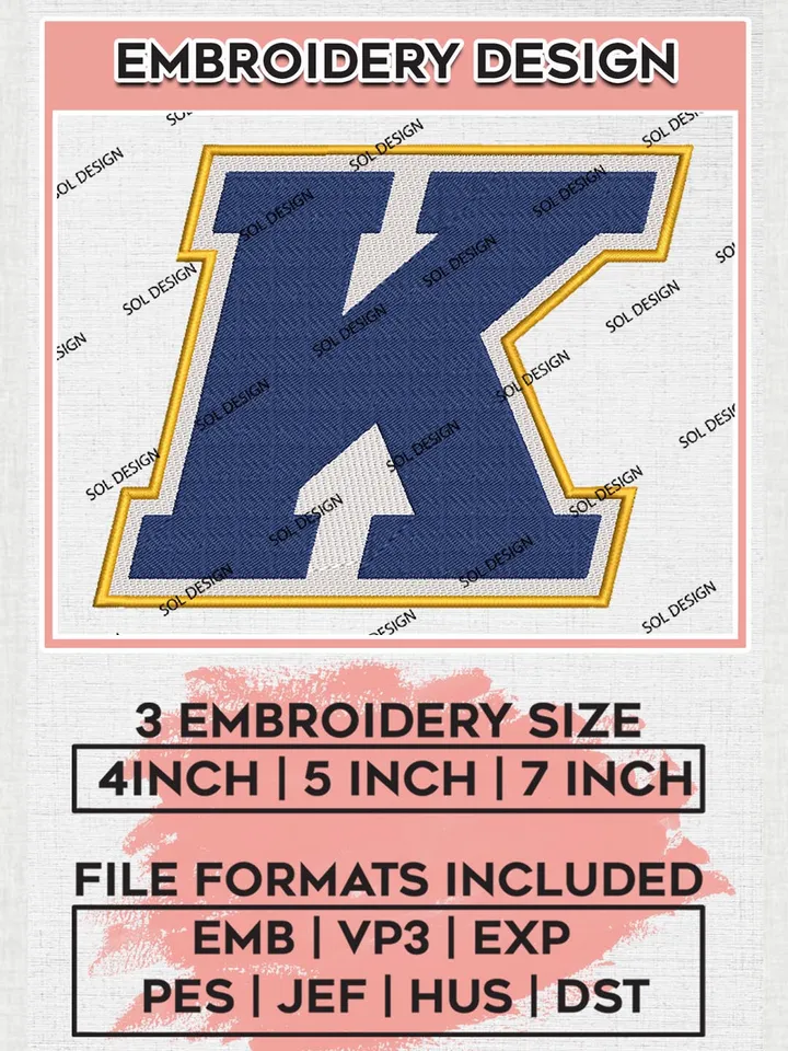 NCAA Kent State Golden Flashes Team Letter Logo Embroidery Design Files, NCAA Kent State Golden Flashes Machine Embroidery, NCAA Teams, 3 sizes, NCAA Machine embroidery designs, Digital Download